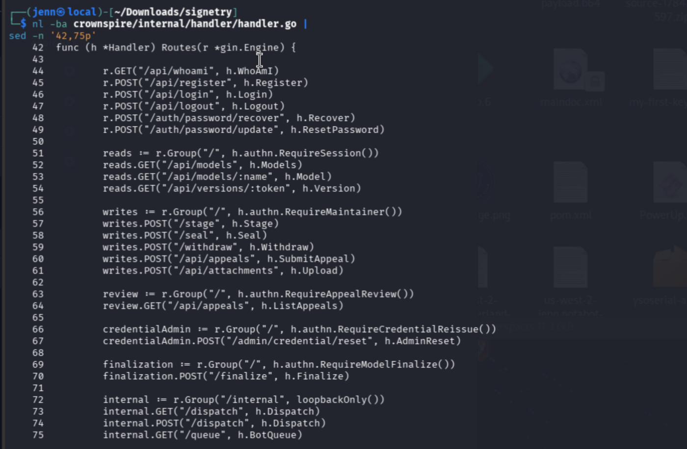 Go route groups showing role-gated endpoints